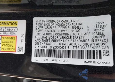 2024 Honda Civic Lx из США, поврежденный, VIN 2HGFE2F2XRH562918